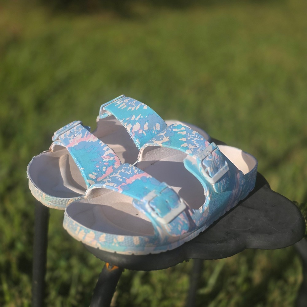 Blue Pink Tie Dye EVA Double Buckle Slide Sandals Summer Beach Shoes Womens 9